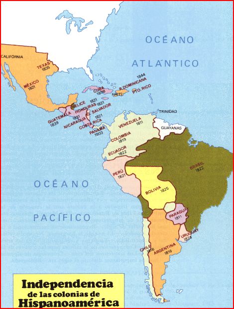 mapa obtingut en http://sekelcastillohistoriadeespana.wordpress.com/tema-11-1/ mapa de la independencia de las colonias hispanoamericanas